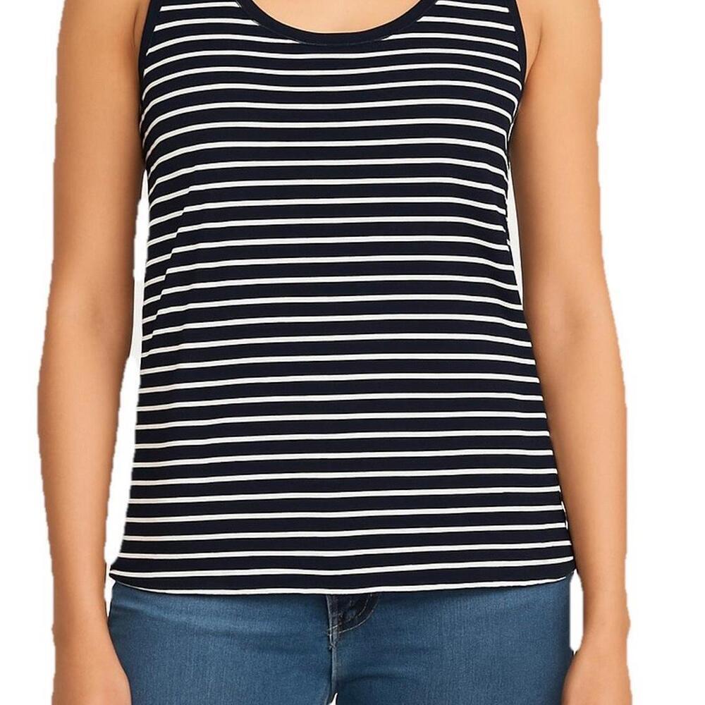 J.Crew Womens M Navy White Pima Cotton Striped Tank Top Scoop Neck Sleeveless